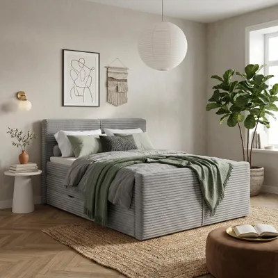 Produktbild von ELVORA DESIGNE Boxspringbett 140x200 cm DREAM mit Doppel-Bonell-Matratze H3 & Topper, Bettkasten, Hellgrau
