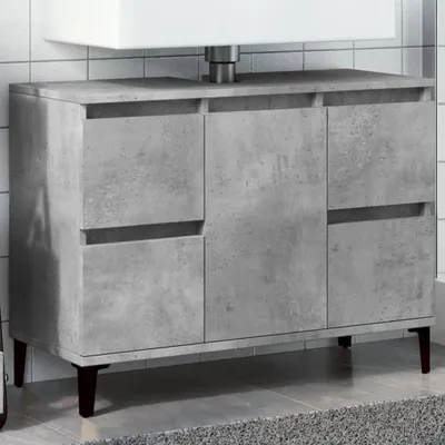 Immagine prodotto di Mobiletto sotto lavabo, dimensioni 80x33x60 cm, realizzato in legno lavorato con finitura effetto cemento grigio e gambe in metallo