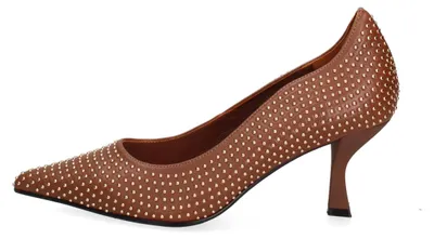 Produktbild von Damenschuhe mit Absatz aus echtem schwarzen Leder, verziert mit goldenen Nieten