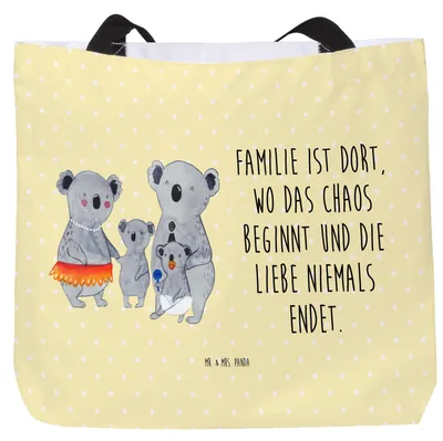 Produktbild von Mr. & Mrs. Panda Tote Bag Koala Familie - Gelb Pastell - Geschenk, Tasche, Strandtasche, Mama, Reisetasche, Schultasche, Unitasche, Koalas, Papa, Muttertag, Family