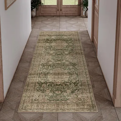 Productafbeelding van Vintage vloerkleed, rechthoekig, 60x180 cm, groen, wasbaar