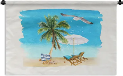 Produktbild von MuchoWow® Wandteppich Wandbehang Strandkorb - Sonnenschirm - Palmen - Strand 90x60 cm Tapisserie Dekoration Wandtuch - Wandskulpturen - Bildteppich
