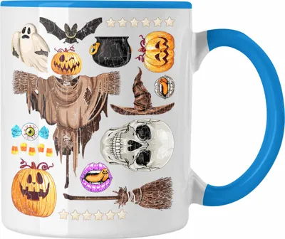 Produktbild von Trendation - Halloween Tasse Kürbis Dekoration Becher Geister Fledermaus Totenkopf Hexe Grusel (Blau)