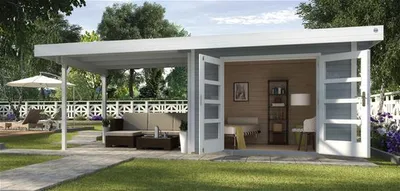 Produktbild von Gartenhaus weka Designhaus 126 B Gr.3 mit Fußboden und seitlicher Überdachung 645 x 375 cm hellgrau