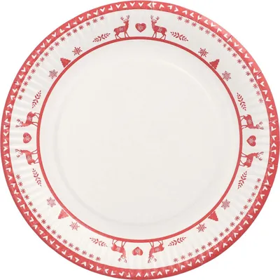 Produktbild von 10x Pappteller rund Ø 23 cm mit Motiv "Nordische Rentiere" weiß/rot