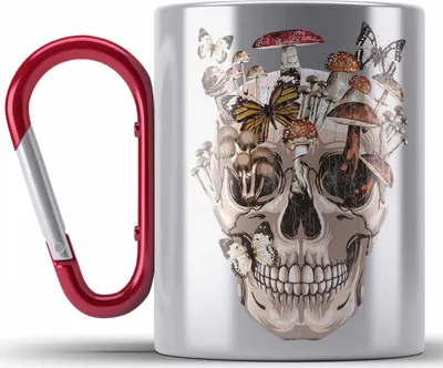 Produktbild von Trendation - Totenkopf Edelstahl Tasse Karabiner Geschenk Pilzsammler Pilze Frauen Damen Tattoo Geschenkidee (Rot)