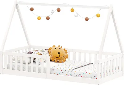 Produktbild von Hausbett NICOLAS 90 x 190 cm weiß - bodentiefes Kinderbett inkl. beidseitigem Rausfallschutz, Montessori Bett aus Massivholz