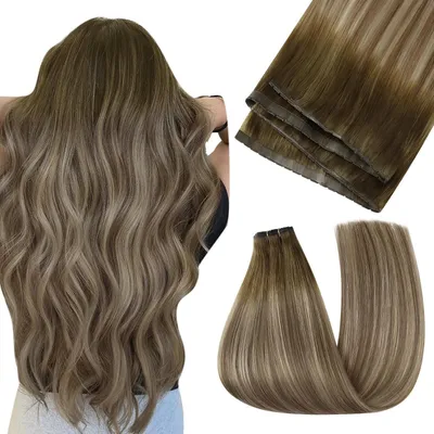 Immagine prodotto di Treccia di capelli naturali color ombre, dal marrone chiaro al biondo, 100 grammi, 55 cm, con base inPoliuretano(poliuretano) e tecnica di applicazione "ovo". Codice colore: #3/8/22