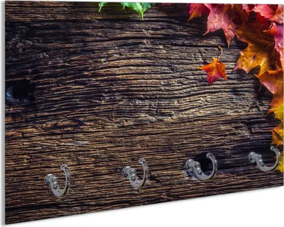 Produktbild von Wallario Schlüsselbrett aus Glas, Motiv: Herbstblätter auf altem Holz, 30 x 20 cm mit 4 Haken