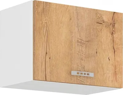 A single kitchen cabinet with a wood-grain door and a white side.