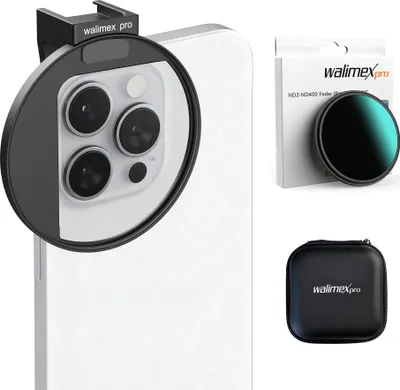 Productafbeelding van Walimex pro filterhouder 67 mm voor smartphonecamera, inclusief ND2-ND400 filter 67 mm, cold shoe bevestiging voor LED-lampen en microfoons, fototoebehoor voor professionele fotografie met smartphone en mobiele telefoon