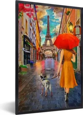 Produktbild von MuchoWow® Gerahmtes Poster Gemälde - Ölfarbe - Frau - Hund - Paris 60x90 cm - Poster mit Schwarzem Bilderrahmen Wandposter Rahmen Foto Bilder - Kunst