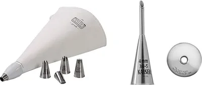 Produktbild von ORIGINAL KAISER | 8-TLG. Spritzbeutel Starter-Set inkl. Spritztülle 4 mm | rostfreier Edelstahl | 6 Verschiedene Tüllen | wiederverwendbar | ideal zum garnieren und füllen von Gebäck