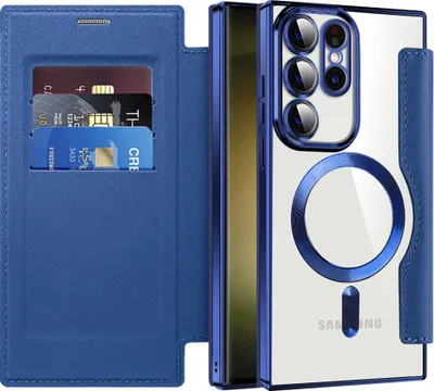 Image de Etui pour Samsung Galaxy S23 Ultra compatible avec MagSafe, étui transparent avec porte-cartes, étui en cuir avec protection de l'appareil photo bleu