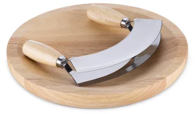 Produktbild von Gewürzbrett mit Wiegemesser – 17 x 13,5 cm, Gewürzmesser aus Edelstahl – Wiegemesser mit Gummibaumholzbrett – Doppelklinge