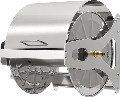 Produktbild von Relaxdays Schlauchtrommel, Edelstahl, für 40 m 1/2" Schlauch, Wandmontage, HBT: 31 x 40 x 36 cm, Schlauchwickler, silber