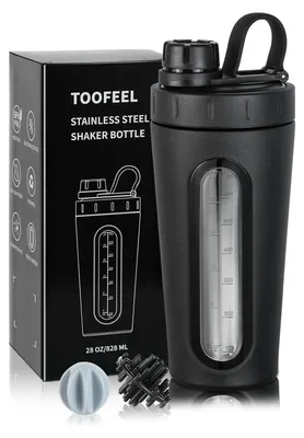 Produktbild von Edelstahl-Shakerflasche – 828 ml Metall-Shakerbecher für Proteinshakes, 2 Schneebesenkugeln, hält Getränke nicht kalt/warm, Sichtfenster, auslaufsichere Shakerflasche fürs Fitnessstudio