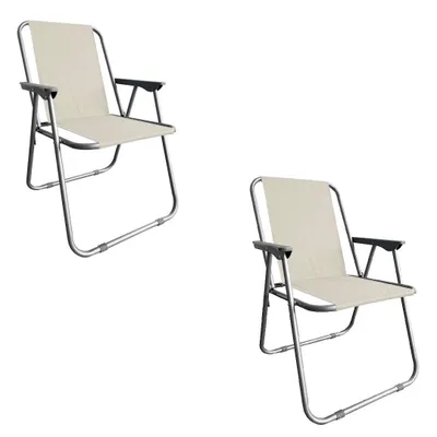 Two beige folding chairs with armrests are shown against a white background.