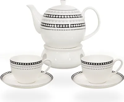 Produktbild von Buchensee Kaffeeset / Teeset / Teeservice / Teekanne / Kaffeekanne 1,5 liter mit Stövchen und 2 Tassen je 210ml, Rautendeko, Fine Bone China