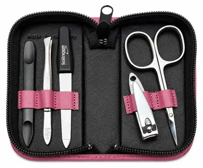 Produktbild von Maniküre Set 5-teilig mit Solingen Instrumenten, Echtleder-Etui Germany, Nagelpflege Set für Damen & Herren, Nagel- und Hautschere, Pinzette, Saphirnagelfeile Beere
