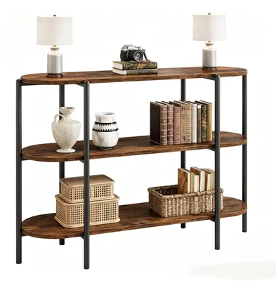 Image de Table console à 3 niveaux - Table d'appoint industrielle à placer derrière le canapé - Structure en métal avec étagères en bois - Table d'entrée et de couloir pour le salon - Forme ovale - Couleur marron