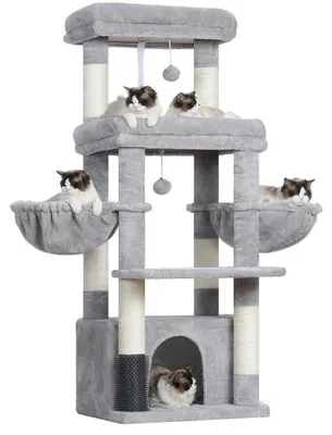 Produktbild von Famanu Kratzbaum für große Katzen und Maine Coon - mit 2 großen Plattformen und Hängematten, lichtgrau