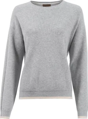 Produktbild von Strickpullover mit Rundhalsausschnitt, Kontraststreifen und Schlitzen am Saum