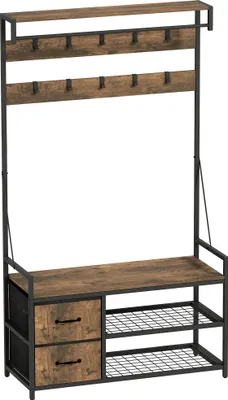 Produktbild von 6-in-1 Garderobenständer mit Schuhregal, Industrie-Stil, 10 Haken, 2 Stoffschubladen, Metall, Braun