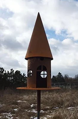 Produktbild von Vogelhaus H43cm + Stab Gartenstecker Futterhaus zum Beleuchten Windlicht Teelicht Futterhaus Edelrost Gartendeko Metall Rost