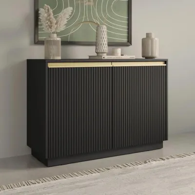 Produktbild von Kommode Loren 104 cm Zweitürig in Schwarz mit Gerillten Fronten und Goldakzent