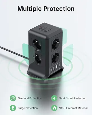 Zdjęcie produktu dla Listwa zasilająca z przełącznikiem, 8 gniazd, 4 porty USB, zabezpieczenie przeciwprzepięciowe, kabel zasilający o długości 2 metry
