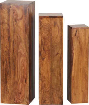 Produktbild von FineBuy Beistelltisch 3er Set Sheesham Massivholz Satztisch Quadratisch Säulentisch Pflanzentisch 3-teilig Blumenständer Blumentisch Wohnzimmer