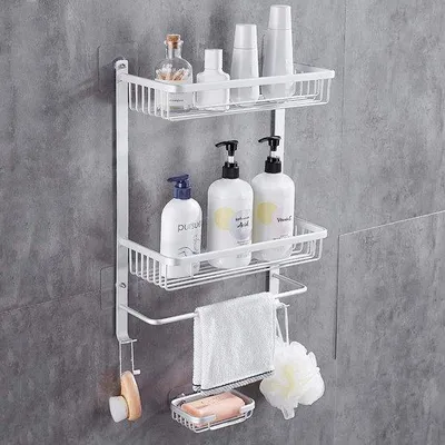 Zdjęcie produktu dla Unyqoos® Półka pod prysznic bez wiercenia – kwadratowa, samoprzylepna półka z aluminium, z mydelniczką, 2 haczykami ze stali nierdzewnej, kolor srebrny, maksymalne obciążenie 10 kg