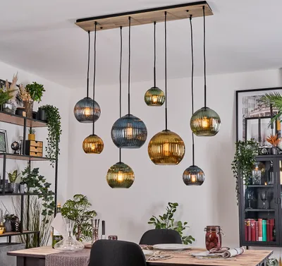 Produktbild von Cesaro Hängelampe aus Metall/Holz/Riffelglas in Schwarz/Natur/Gold/Blau/Grün
