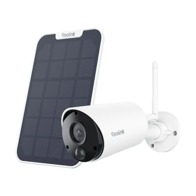 A white Reolink security camera and its solar panel are displayed against a white background.