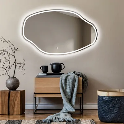 Produktbild von Unregelmäßiger asymmetrischer Spiegel mit LED Beleuchtung 114x74 cm - mit LED Beleuchtung - LED Farbe Kaltweiß 7000K - Individuell Nach Maß - Beleuchtet Wandspiegel Lichtspiegel Badezimmerspiegel - Sensor Schalter - OBK223