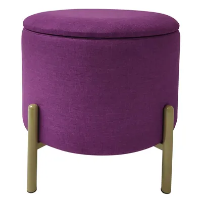 A purple ottoman with gold legs on a white background.