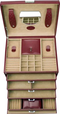 An open jewelry box with multiple compartments and drawers.