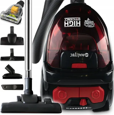 A collage of a bagless vacuum cleaner and its various attachments.
