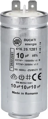 A close-up studio shot of a cylindrical capacitor with electrical markings and branding.
