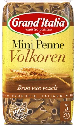Imagen del producto de Grand'Italia Mini Penne Integral 350g – pasta integral elaborada con sémola de trigo duro