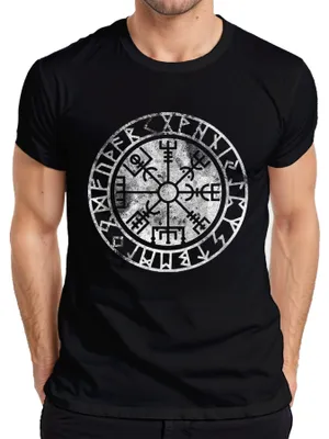 Productafbeelding van Vegvisir Viking Kompas, Noordse runenring, beschermingssymbool, heren T-shirt, zwart, 3XL
