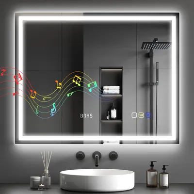 Produktbild von HOMCOM LED-Badezimmerspiegel, Anti-Beschlags-Pad, 3 Lichtfarben, Uhr
