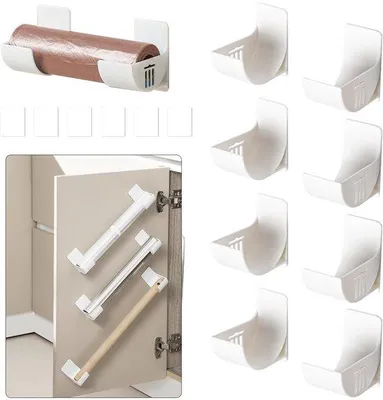 Productafbeelding van Ibenzoa® 8-delige set wandbevestigingen voor afvalzakken, kunststof, 7 x 6,5 x 4 cm – Wandmontage voor het opbergen van afvalzakken voor de keuken, badkamer en het huishouden