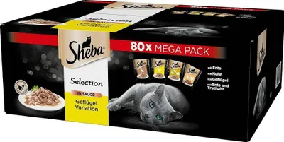 A product box of Sheba cat food, featuring images of cat food pouches and a cat.