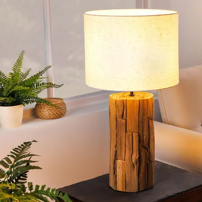 Produktbild von cagü: Unikat Tischlampe SABAH Beige Leinenschirm aus Teak-Treibholz handgefertigt 60cm