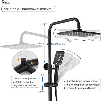 Obrázek produktu pro Termostatický sprchový systém – černá otevřená sprchová baterie – 3 funkce – dešťová sprcha – ruční sprcha – napouštěč vany – SB07E