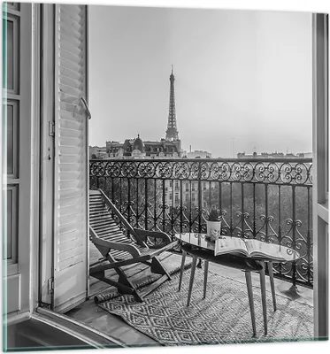 Produktbild von Bilder auf glas - Einteilig - Schwarzweiß Paris Balkon - 40x40cm - Glasbilder - Wandbilder - Bilder - zum Aufhängen bereit - Wanddekoration aus Glas - Glas Bilder - Wandbild auf Glas - GAC40x40-4595