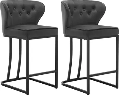 Two dark gray bar stools with tufted backs and metal frames are shown against a white background.