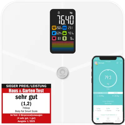 Produktbild von Fitleap Körperfettwaage mit Bluetooth App, misst Körperfett, BMI und Puls – Weiß